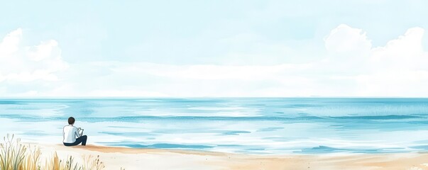 Fototapeta premium A serene beach scene with a businessperson contemplating financial planning, with the ocean depicted in soothing watercolor