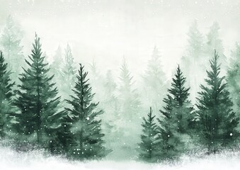 Obraz premium A serene winter forest landscape with evergreen trees and gentle snowfall, capturing the tranquility of nature in a misty atmosphere