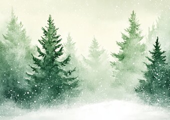A serene winter landscape featuring pine trees in a snowy forest during a gentle snowfall