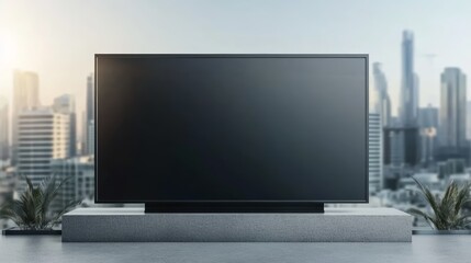 Fototapeta premium Modern television on a stylish stand with a city skyline backdrop. Ideal for technology, interior design, or lifestyle themes.
