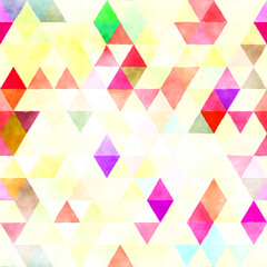 A colorful abstract pattern of overlapping triangles in various shades, creating a vibrant, artistic design.