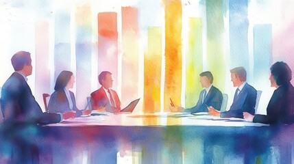 A watercolor of a business meeting, where executives discuss a fiveyear financial plan, the colors flowing in harmony