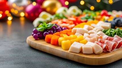 Colorful Appetizer Platter on Wooden Cutting Board.