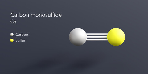 carbon monosulfide molecule 3d rendering, flat molecular structure with chemical formula and atoms color coding