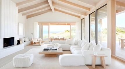 Fototapeta premium Bright and airy modern living room with white furniture, large windows, and minimalistic decor, offering a serene coastal view.