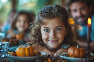 Fototapeta premium A young girl smiles happily at a festive autumn family gathering with pumpkins and delicious food in a cozy setting