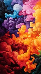 Fototapeta premium Abstract vibrant cloud-like shapes in a colorful gradient, blending orange, red, purple, and blue hues. Ethereal and fluid artistic composition.