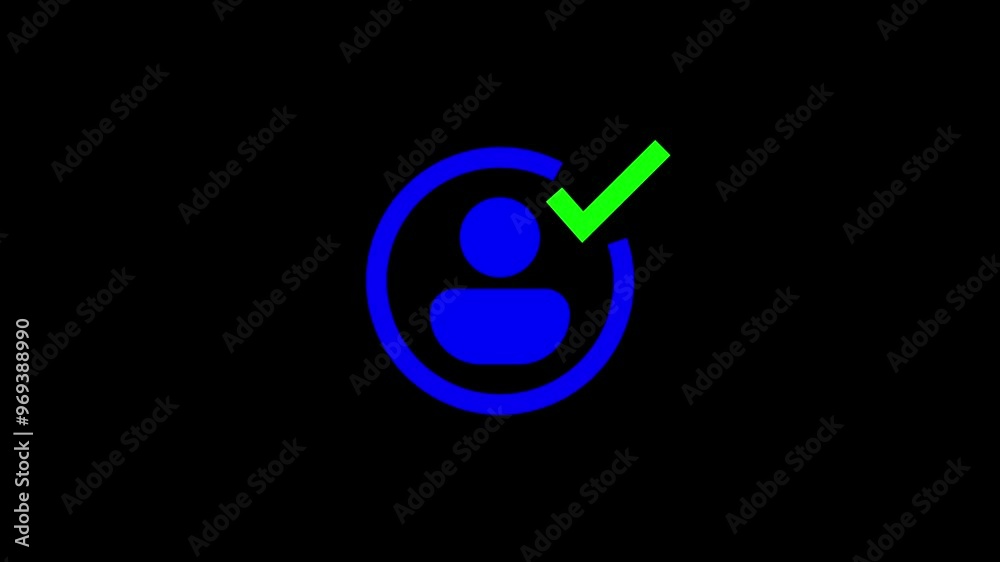 Poster user profile security icon with check mark animation on black background for authentication.