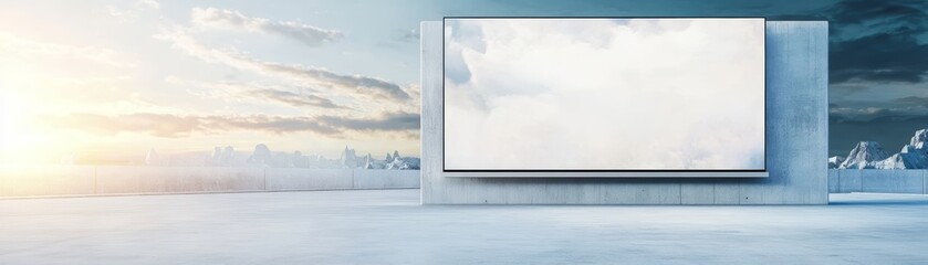 A modern blank billboard in an urban environment, set against a dramatic sky and illuminated by soft sunset light.