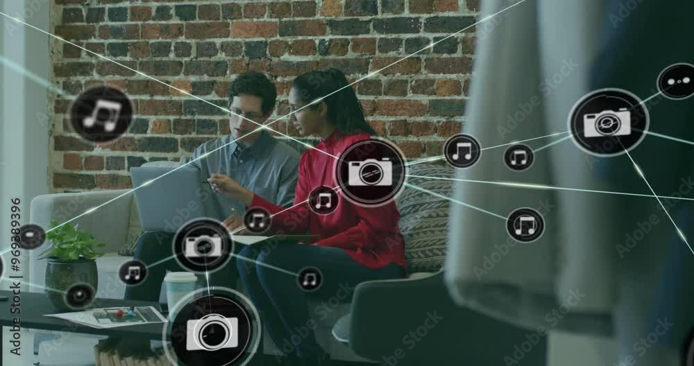 Canvas Prints Animation of network of connections with camera icons over diverse business people in office