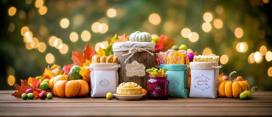 Fototapeta premium Autumnal Table Setting with Vibrant Jars and Festive Decorations.