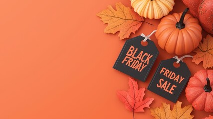 Festive autumn scene featuring pumpkins, colorful leaves, and sale tags for Black Friday shopping excitement.