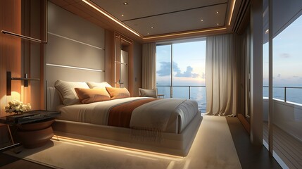 Fototapeta premium King sized bed luxury finishes tranquil ocean views and nobody else in the yacht cabin