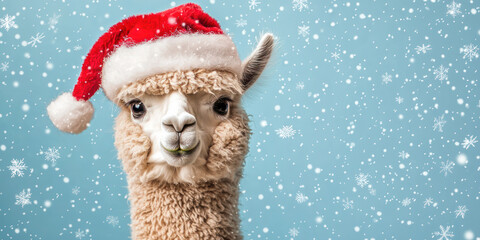 Cute alpaca wearing a Santa hat surrounded by falling snowflakes on a light blue background, creating a festive winter scene.