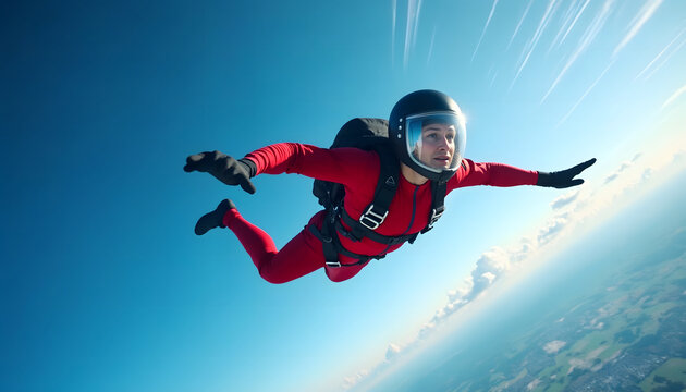 An adventurous skydiver in a red jumpsuit catches the exhilaration of free-fall against a stunning blue sky and lush green landscape below.