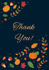 Autumn vector  Thank you red and brown mushrooms with aspen and oak leaves, Pumpkins, mushrooms, acorns, oak leaves and aspen leaves in flight, black background