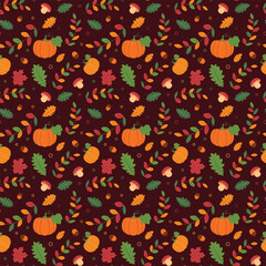 Autumn vector, red and brown mushrooms with aspen and oak leaves, Pumpkins, mushrooms, acorns, oak leaves and aspen leaves 