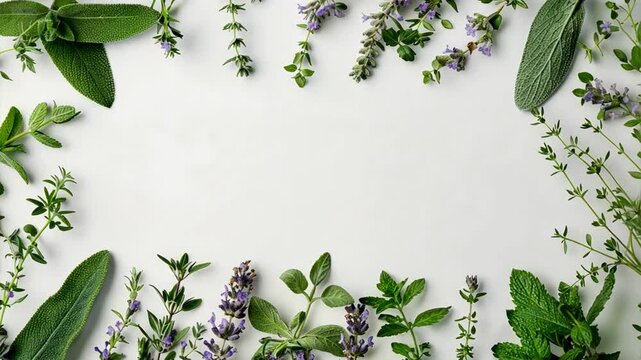 Fresh Herb Frame: A Culinary Canvas: Freshly picked herbs artfully arranged on a white background, offering a fragrant frame for culinary inspiration.