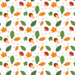 Autumn vector seamless pattern, red and brown mushrooms with aspen and oak leaves