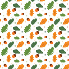 Autumn illustration seamless pattern, flat image of leaves, acorns
