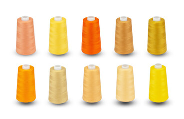 Spool thread collection. Shades of yellow colors thread isolated. Thread plastic spool. Set...