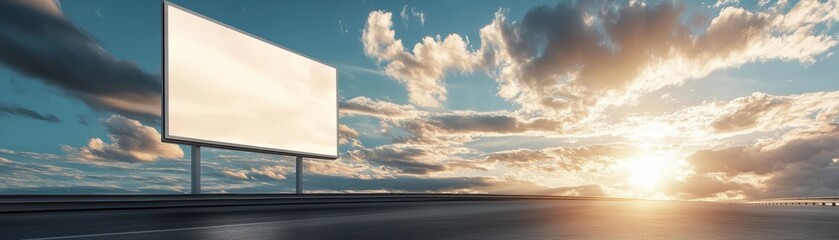 Fototapeta premium A blank billboard stands by the road under a vibrant sunset, framed by clouds and the expansive sky, ready for new advertisements.