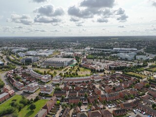 Aerial view of a residential area with office buildings