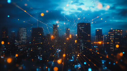 Fototapeta premium Smart digital city with connection cyber security network reciprocity over the cityscape . future smart wireless digital city and social media networking systems that connects people within the city