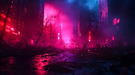 A futuristic city in ruins, scattered debris and fallen trees on the streets, depicted in a 3D-rendered cyber-fantasy style, glowing neon accents, vibrant colors, detailed destruction