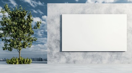 A modern, minimalistic space featuring a blank  on a concrete wall, with a tree under a blue sky.