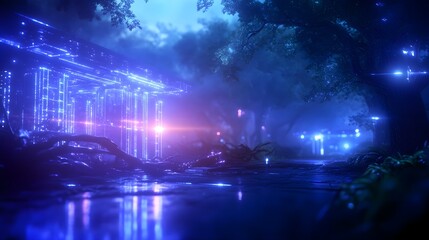 Fototapeta premium A futuristic house in disrepair, fallen trees and debris around, holographic overlays showing structural damage, sci-fi theme, neon blue lighting