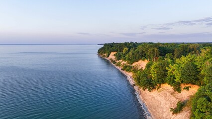 Aerial view of a coastal cliff with lush green trees and calm blue waters.