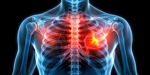 X-Ray Image of Human Sternum with Chest Pain Indicators, Medical Illustration of Chest Discomfort

