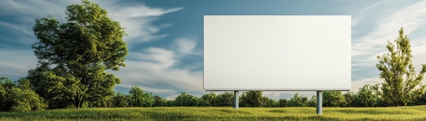 A blank billboard stands in a serene landscape, surrounded by lush trees and an expansive sky. Perfect for advertising needs.