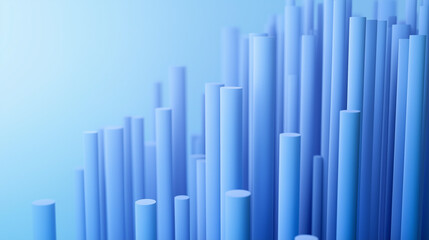 Obraz premium Three-dimensional structure composed of numerous slender, vertical rods or bars. These rods vary in height, with some appearing taller than others. They are uniformly colored in a shade of light blue