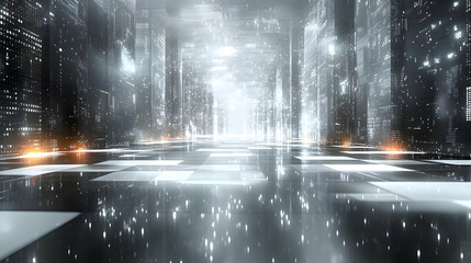 A futuristic, digital landscape with glowing elements and reflective surfaces.