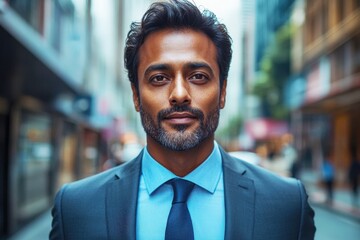 Obraz premium Confident Businessman in Urban Landscape: A portrait of a successful and determined businessman, radiating confidence as he walks through a bustling city, showcasing ambition and professionalism. 