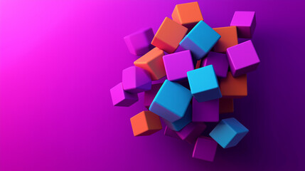 Obraz premium A vibrant and abstract arrangement of 3D cubes of varying sizes. These cubes are positioned in a staggered manner against a solid purple background.
