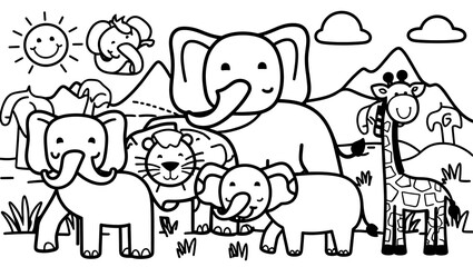 Each animal is depicted in a cute and approachable style, perfect for young children to explore their creativity while learning about the magnificent animals of the African savanna.