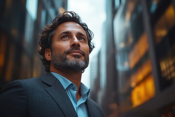 Fototapeta premium Urban Visionary: A determined businessman gazes upwards amidst towering city skyscrapers, embodying ambition and the pursuit of success. 