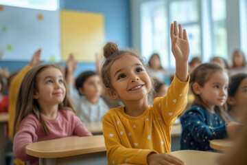 Cheerful diverse primary school children students in modern light classroom with one hand up to asnwer teacher's question