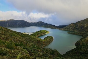 Scenic view of Lagoa do Fogo, a crater lake on Sao Miguel Island in the Azores, Portugal
