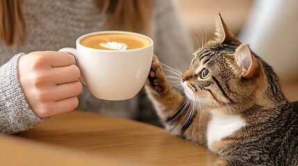 A peaceful indoor scene of a person drinking coffee with a curious cat reaching toward the cup. The image captures the warmth of the moment, with detailed textures and sharp focus on every element