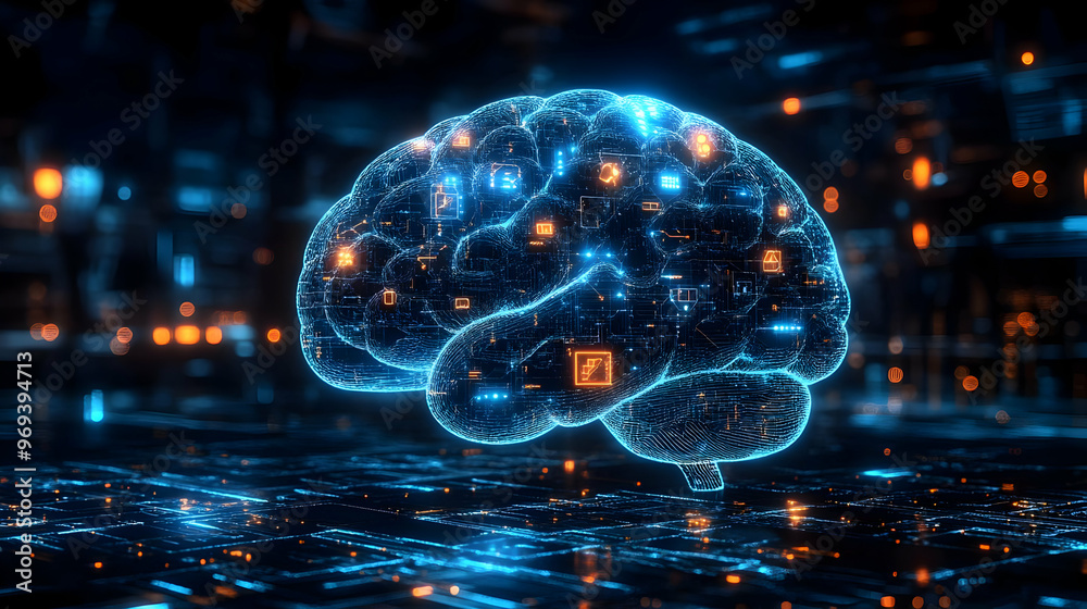 Poster A glowing digital brain with interconnected circuits and data symbols.