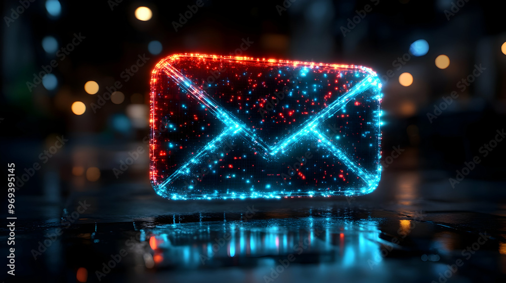 Sticker A glowing email icon made of vibrant blue and red lights on a dark, wet surface.