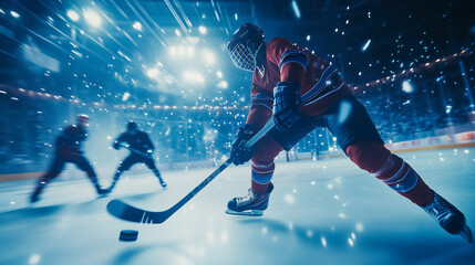 Hockey players battle for control of the puck during a fast-paced ice hockey game, with intense action under bright arena lights.