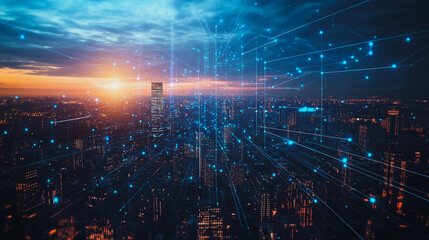 Fototapeta premium Smart digital city with connection cyber security network reciprocity over the cityscape . future smart wireless digital city and social media networking systems that connects people within the city