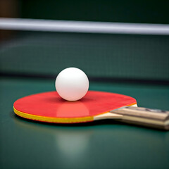 Ping pong balls and ping pong paddles are placed on a ping pong table.