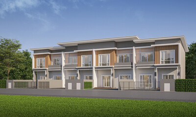 Modern town house exterior day light.3d rendering