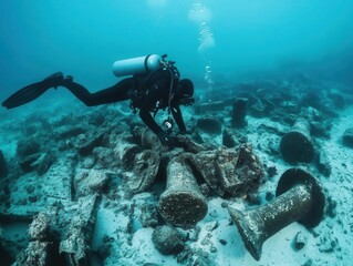 Diver examining artifacts at a shipwreck site, shipwreck exploration, historical underwater adventure
